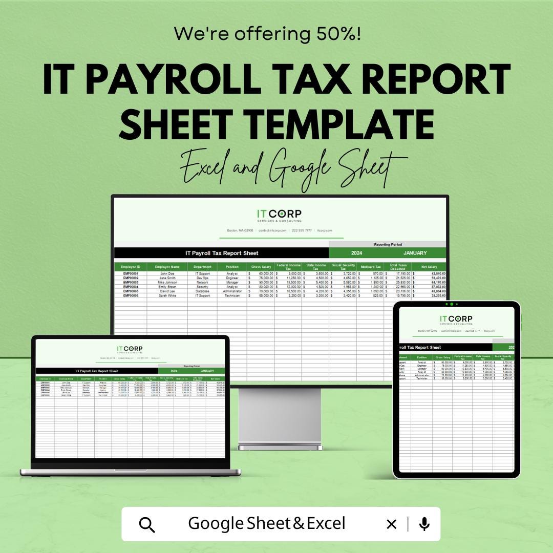 IT Payroll Tax Report Sheet Template | Excel & Google Sheets Payroll Tax Calculator | Employee Tax Report | Business Payroll Tax Spreadsheet