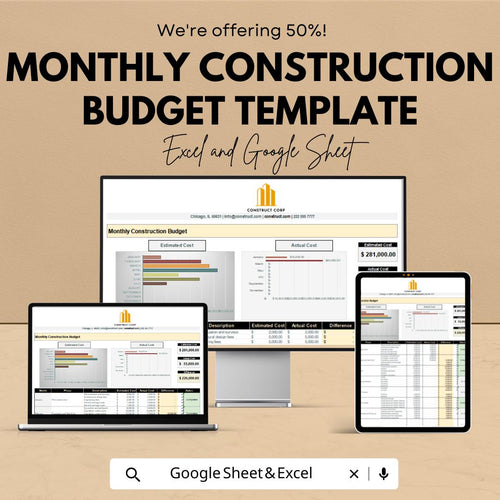 Monthly Construction Budget Template | Construction Budget Spreadsheet | Contractor Monthly Budget Planner