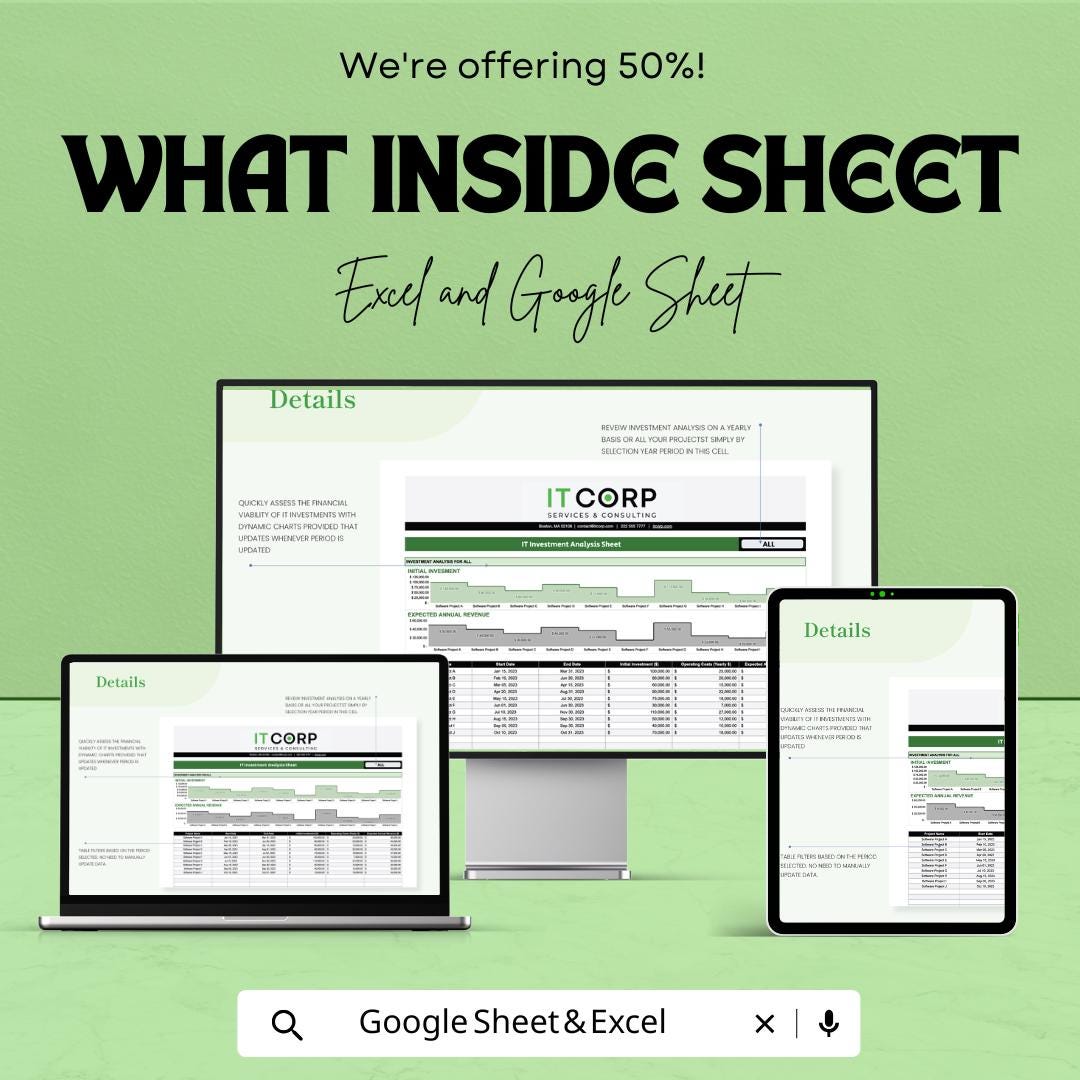 IT Investment Analysis Sheet Template | IT Project Roi Spreadsheet | Excel and Google Sheets | IT Cost Revenue Analysis Tool
