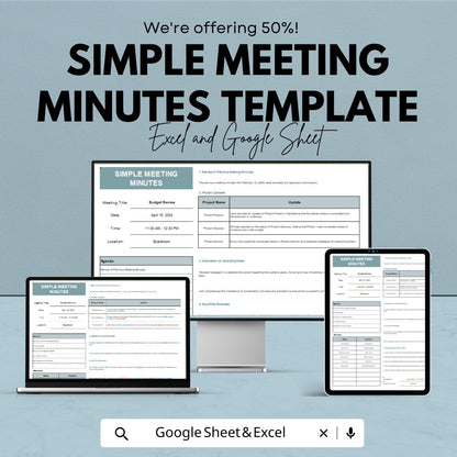 Simple Meeting Minutes Template | Meeting Notes Tracker | Business Meeting Agenda | Corporate Meeting Log | Editable Meeting Record