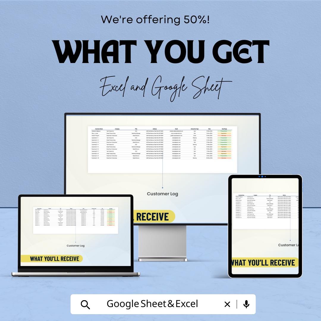 CRM Design Template | Excel & Google Sheets Customer Management Dashboard | CRM Layout Spreadsheet | Sales Tracking System