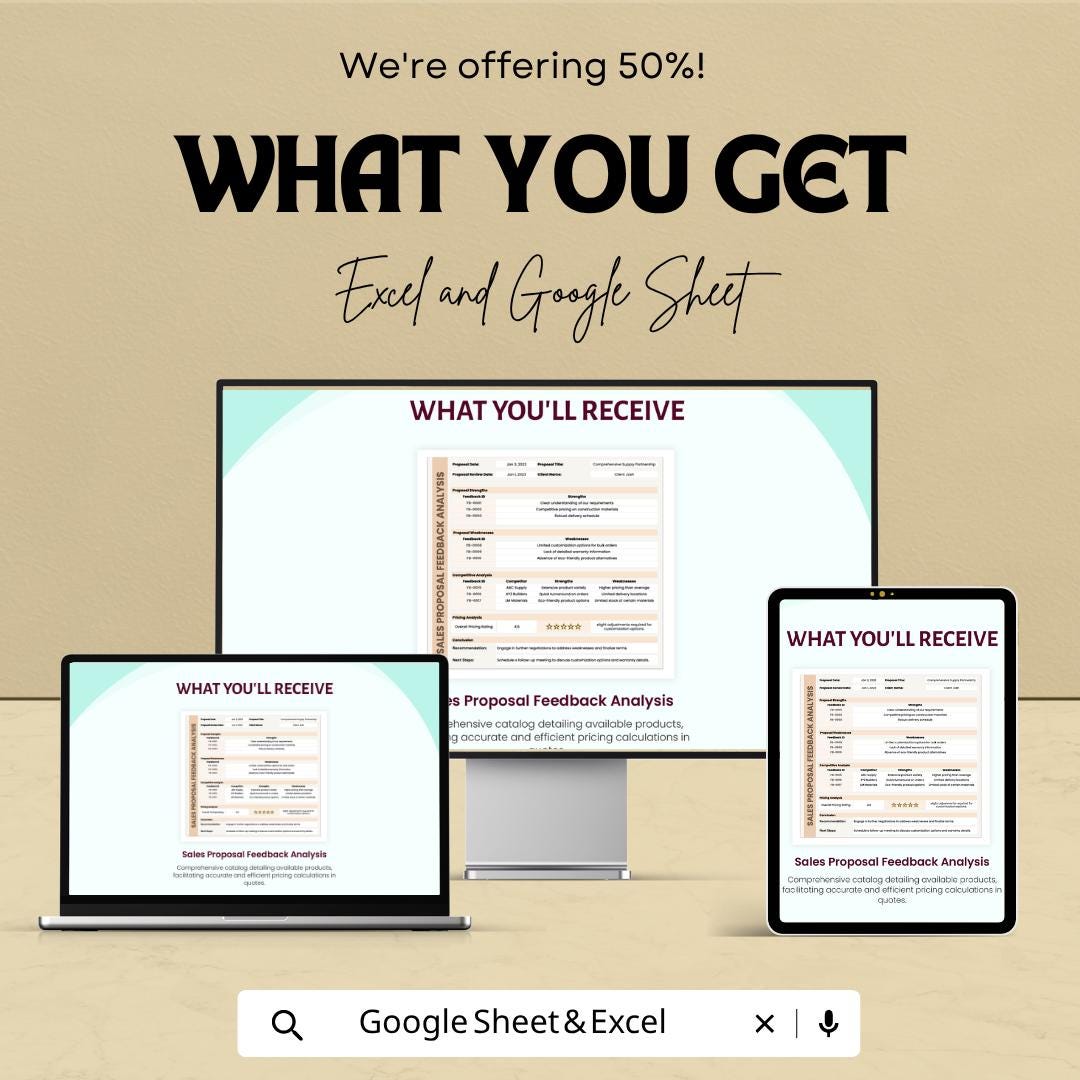 Sales Proposal Feedback Analysis Template | Proposal Review Spreadsheet | Client Feedback Tracker | Excel & Google Sheets |