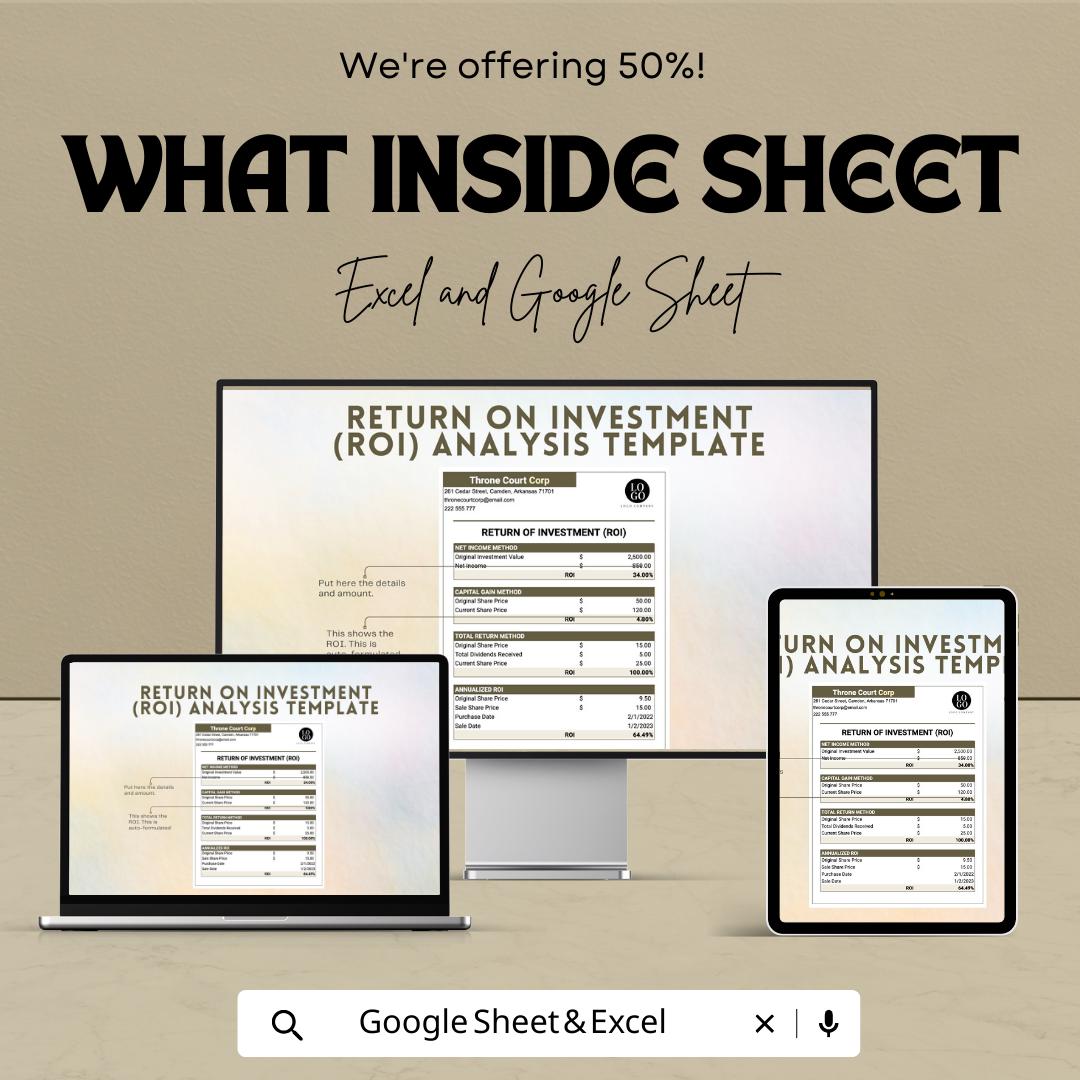 Return On Investment ROI Analysis Template | Excel & Google Sheets ROI Calculator | Investment Analysis Spreadsheet | Profit Tracking Tool