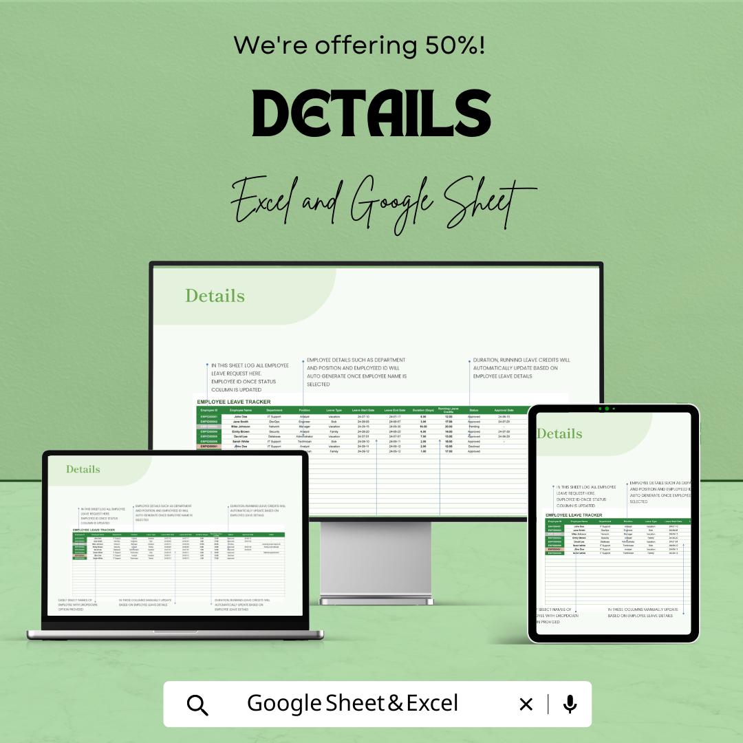 IT Employee Leave Tracker Template, PTO Tracking Spreadsheet, Staff Leave Management Sheet, HR Leave Planner, Excel Google Sheets