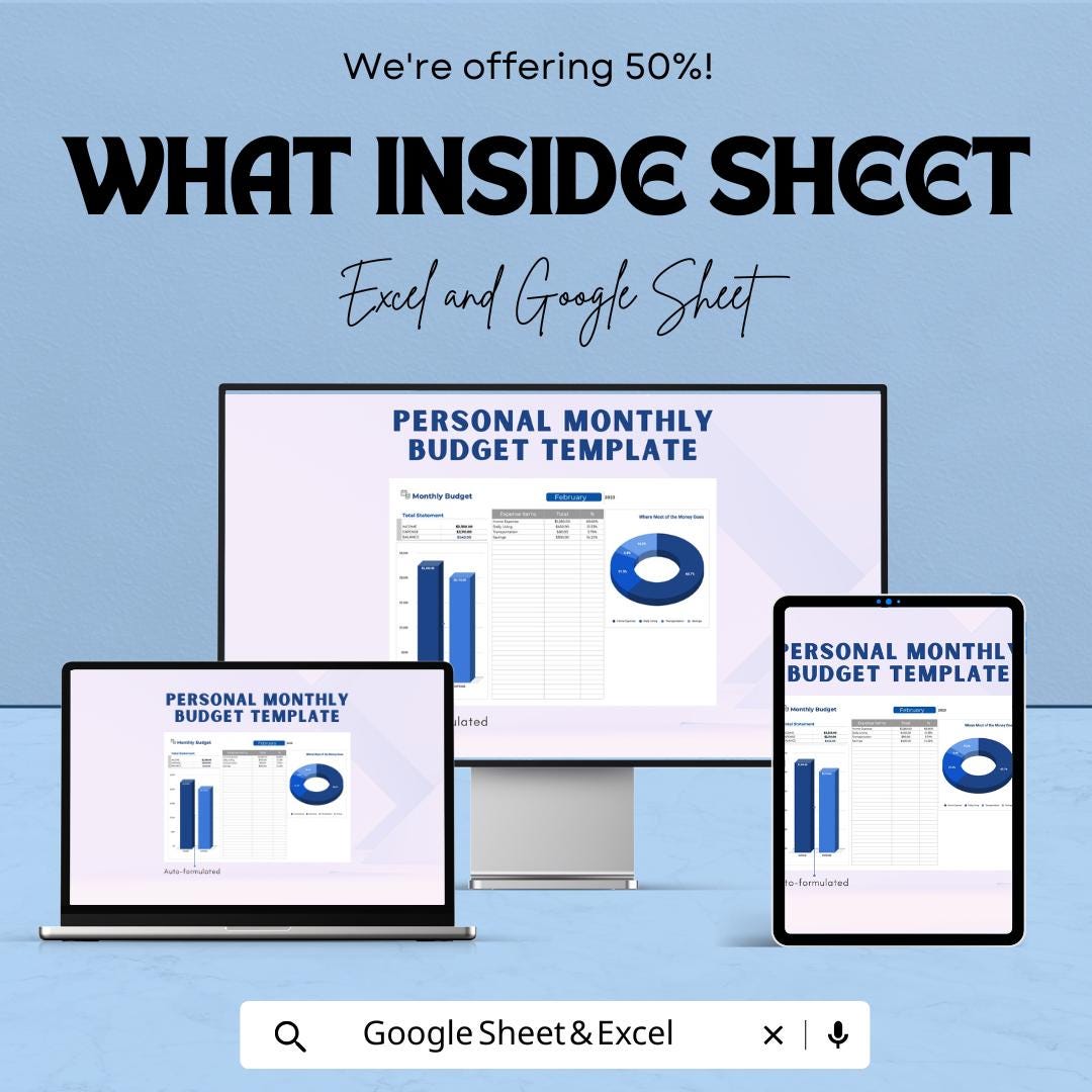 Personal Monthly Budget Sheet Template | Monthly Budget Planner | Google Sheet & Excel Budget Tracker | Easy Financial Management