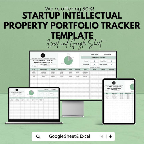Startup Intellectual Property Portfolio Tracker Template | Excel & Google Sheets | Patent Trademark Copyright IP Tracker
