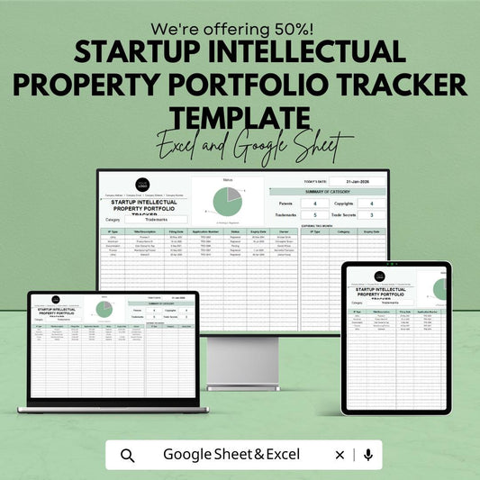 Startup Intellectual Property Portfolio Tracker Template | Excel & Google Sheets | Patent Trademark Copyright IP Tracker