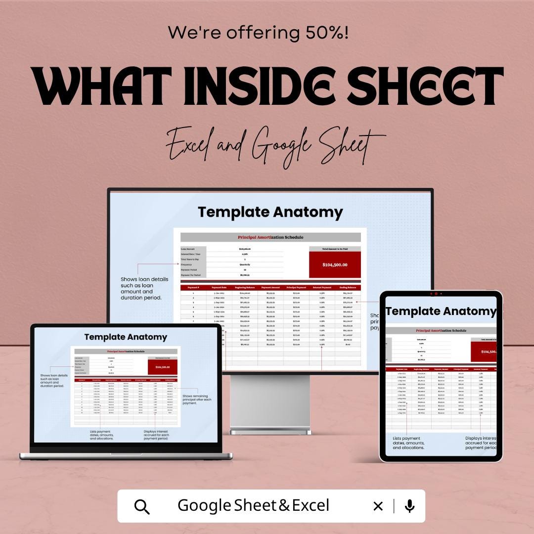 Principal Amortization Schedule Template | Loan Payment Calculator | Mortgage Amortization Spreadsheet | Loan Repayment Tracker