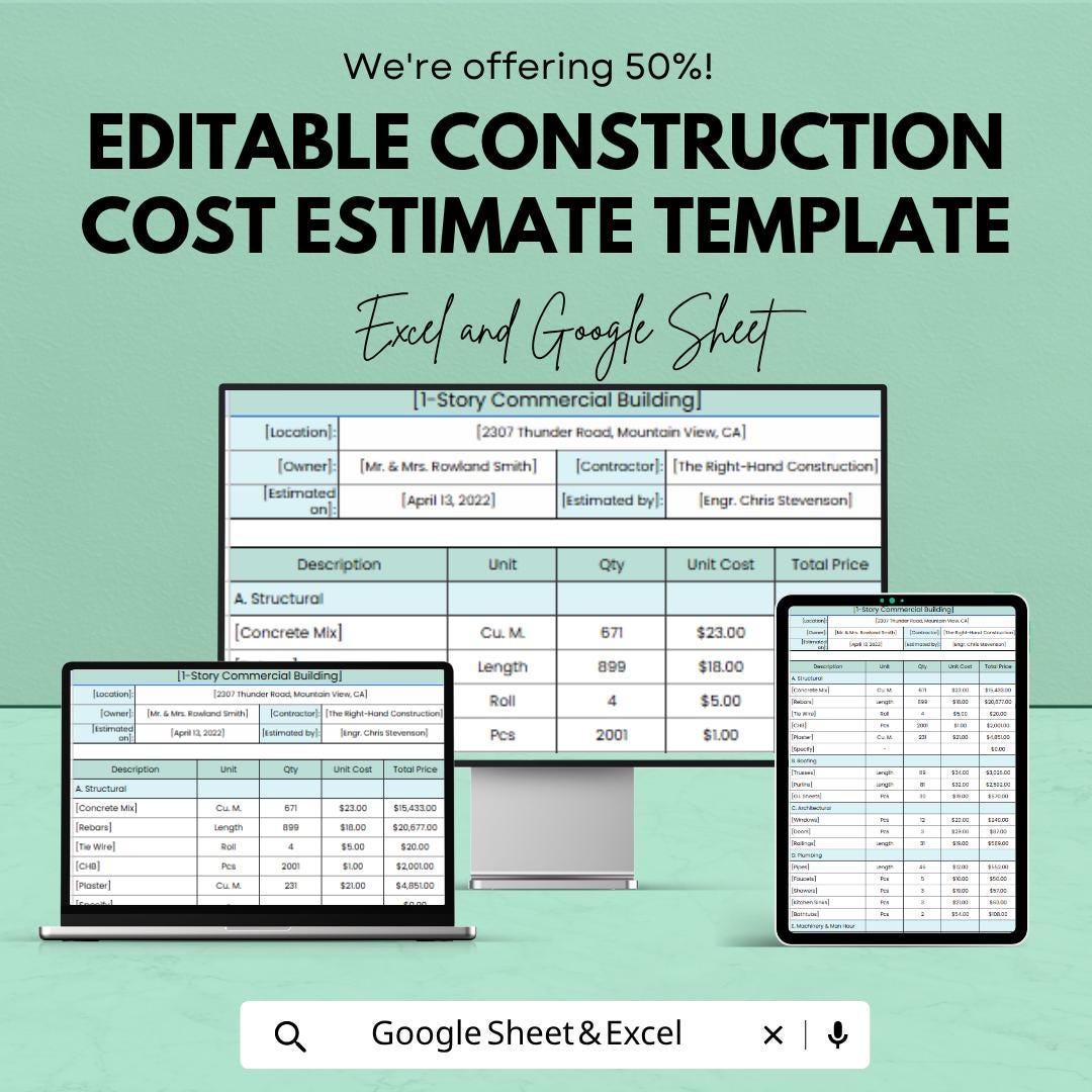 Editable Construction Cost Estimate Template | Construction Budget Spreadsheet | Building Cost Calculator | Excel & Google Sheets |