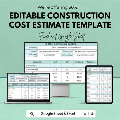 Editable Construction Cost Estimate Template | Construction Budget Spreadsheet | Building Cost Calculator | Excel & Google Sheets |