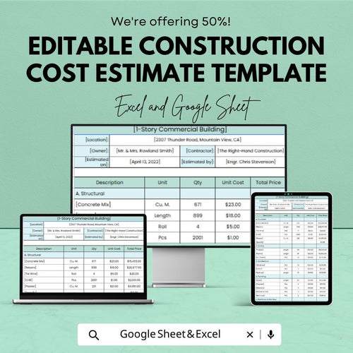 Editable Construction Cost Estimate Template | Construction Budget Spreadsheet | Building Cost Calculator | Excel & Google Sheets |