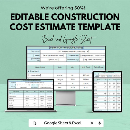 Editable Construction Cost Estimate Template | Construction Budget Spreadsheet | Building Cost Calculator | Excel & Google Sheets |