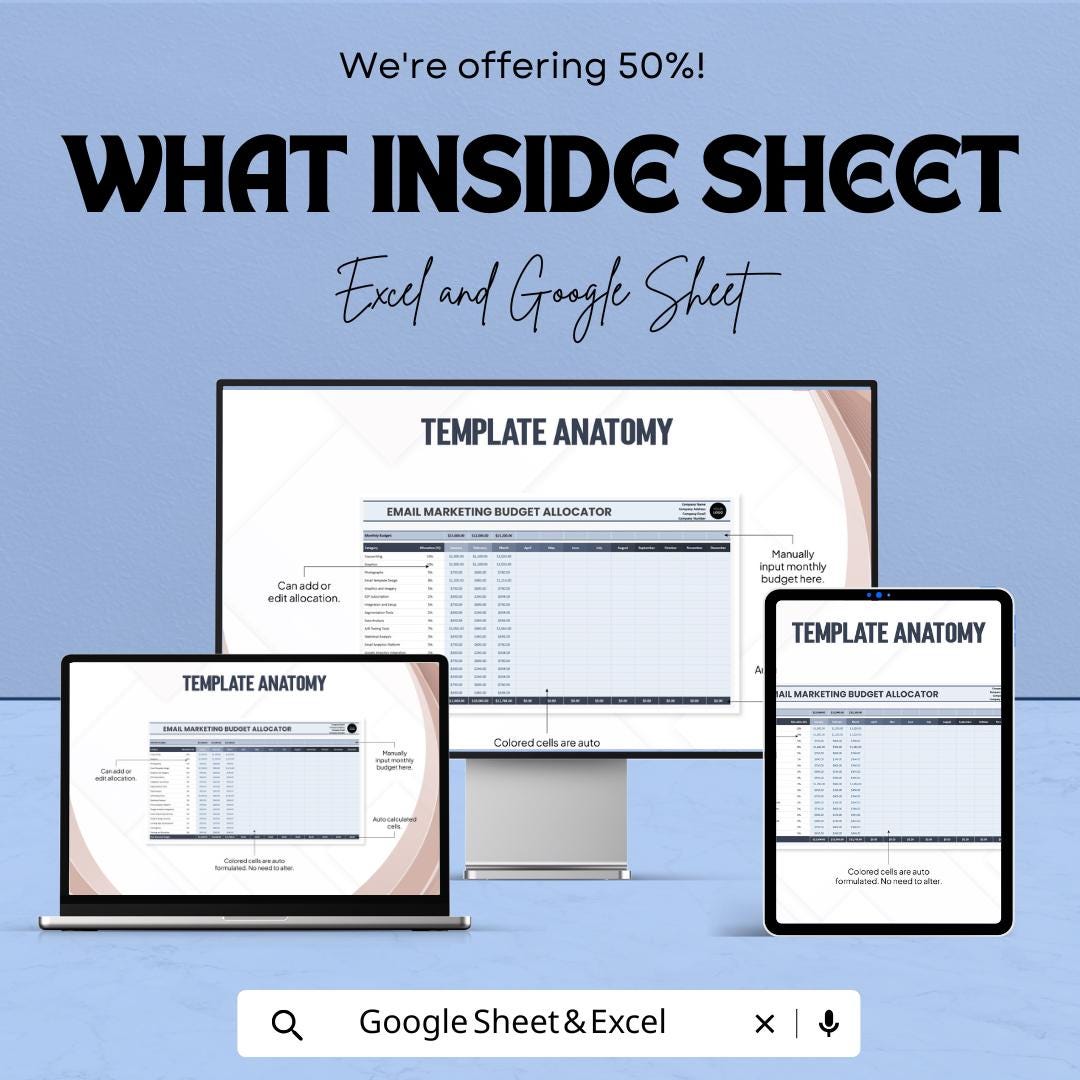 50% OFF - Email Marketing Budget Allocator Sheet - Excel & Google Sheets | Manage and Track Email Marketing Budgets | Customizable |