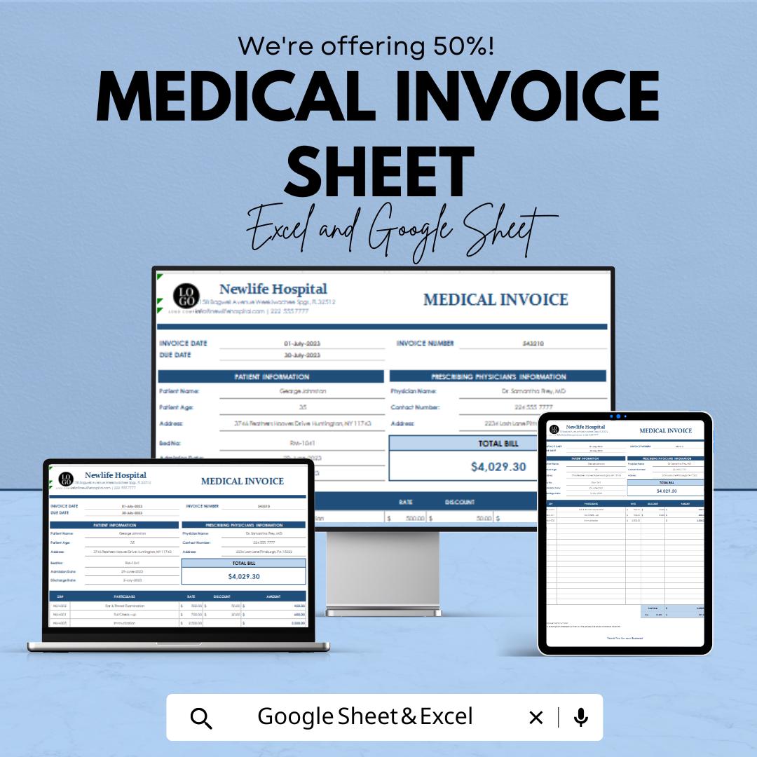 Medical Invoice Sheet - Customizable Template for Healthcare Billing, Excel & Google Sheets, Easy-to-Use Medical Invoice Format