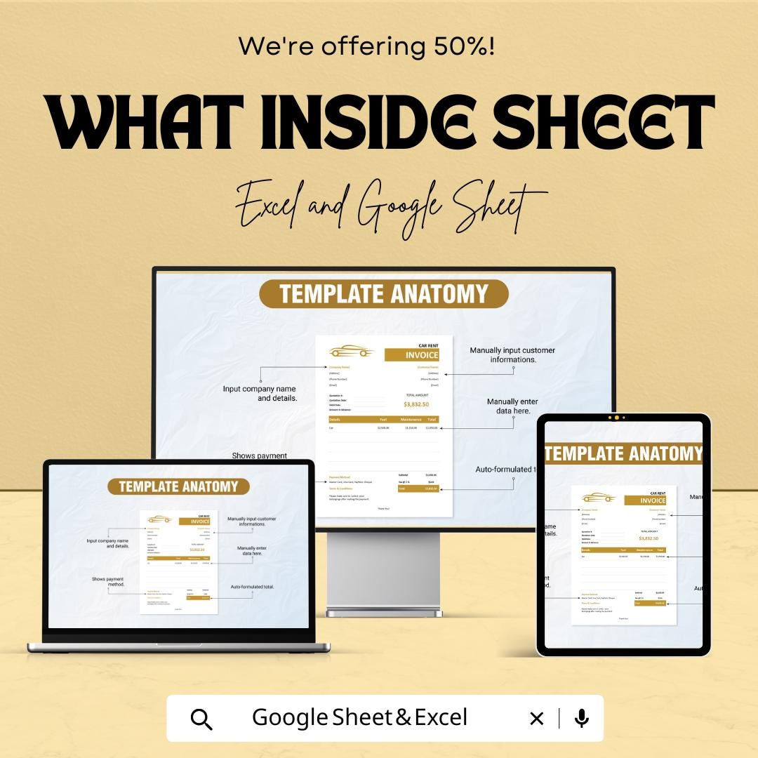 Car Rental Invoice Template - Excel & Google Sheets - Easy, Professional Invoice for Car Rental Business