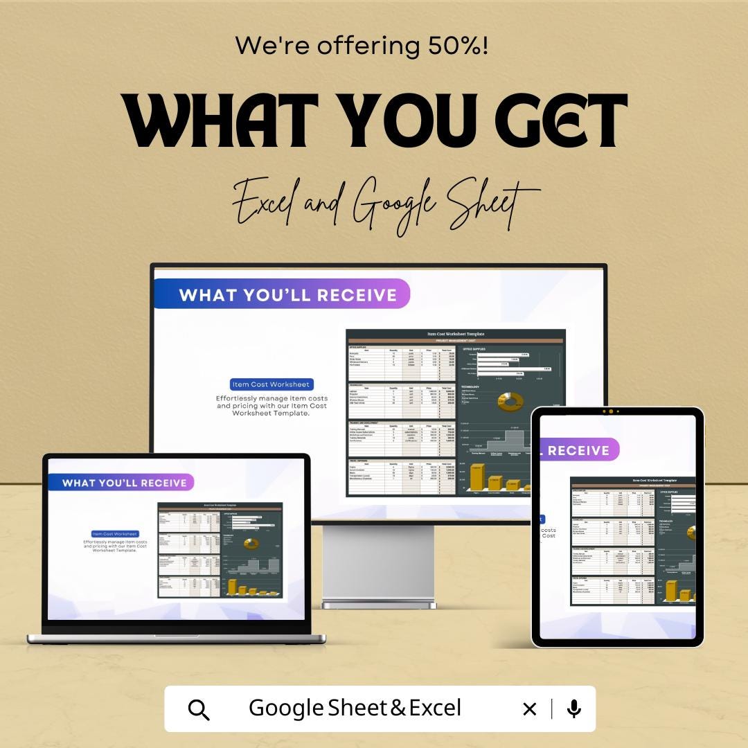 Item Cost Worksheet Template | Excel and Google Sheet | Track Project Costs, Profit Margins & Pricing