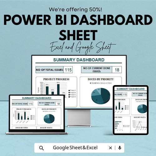 Power BI Dashboard Sheet | Google Sheet | Project Management Summary | KPI & Issue Tracker | Visual Dashboard Template | Instant Download