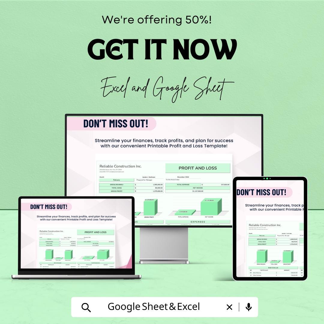 Printable Profit and Loss Template | Income and Expense Tracker | Business Finance Tracker | Monthly Profit Loss Sheet