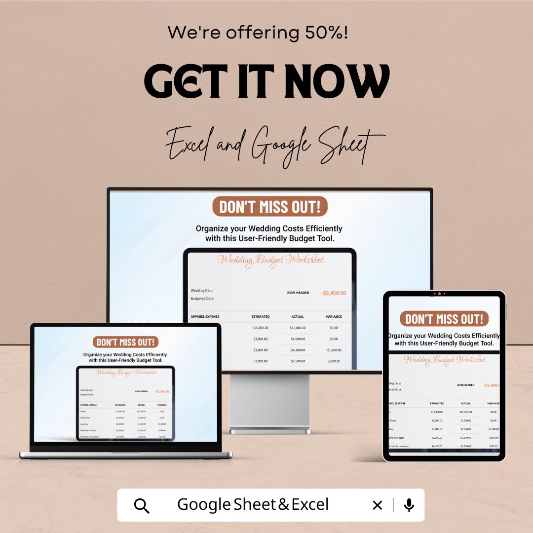 Printable Wedding Budget Worksheet - Excel & Google Sheets, Customizable Wedding Planner, Wedding Cost Tracker, Budget Tracker Template