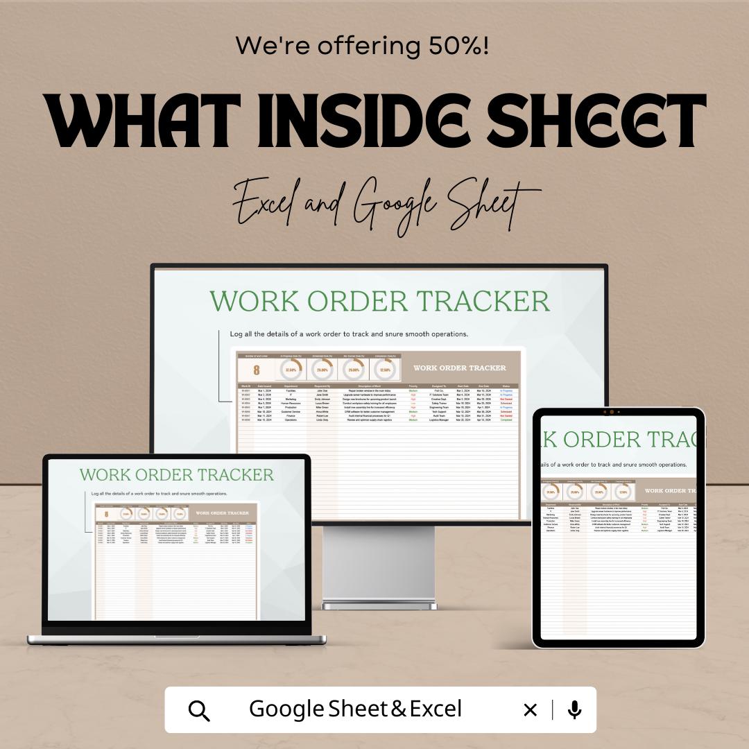 Work Order Tracker Template | Excel & Google Sheets Maintenance Log | Job Order Management Dashboard