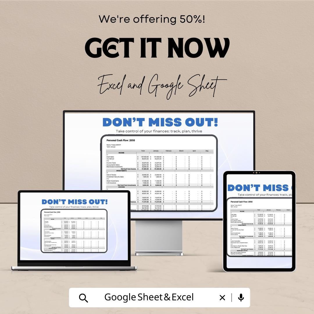 Personal Cash Flow Sheet | Monthly Budget Tracker Excel & Google Sheet | Income Expense Planner | Financial Spreadsheet Template