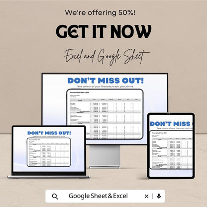 Personal Cash Flow Sheet | Monthly Budget Tracker Excel & Google Sheet | Income Expense Planner | Financial Spreadsheet Template