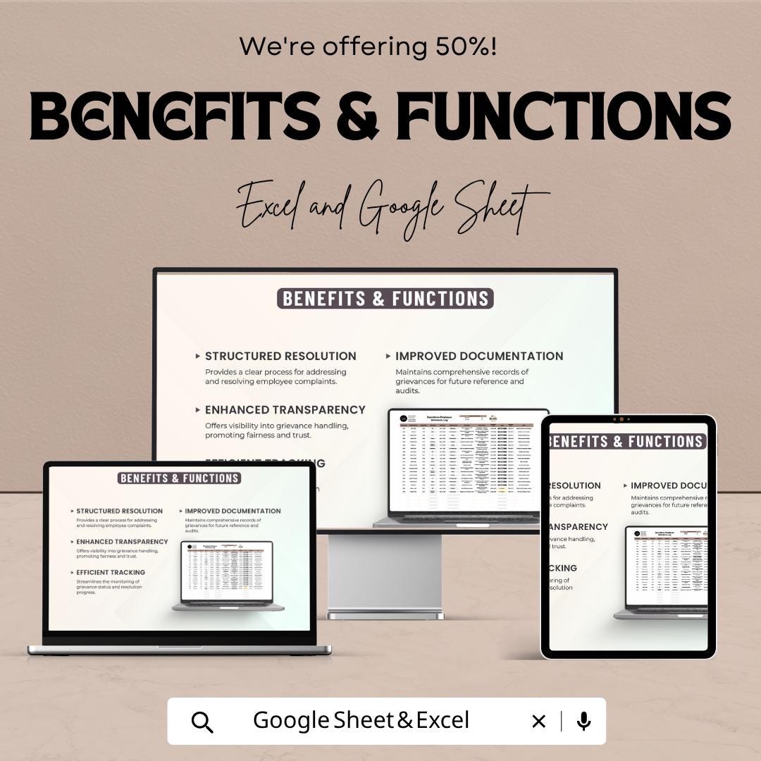 Operations Employee Grievance Log Template | HR Complaint Tracker Spreadsheet | Employee Issue Management Log | Excel & Google Sheets |