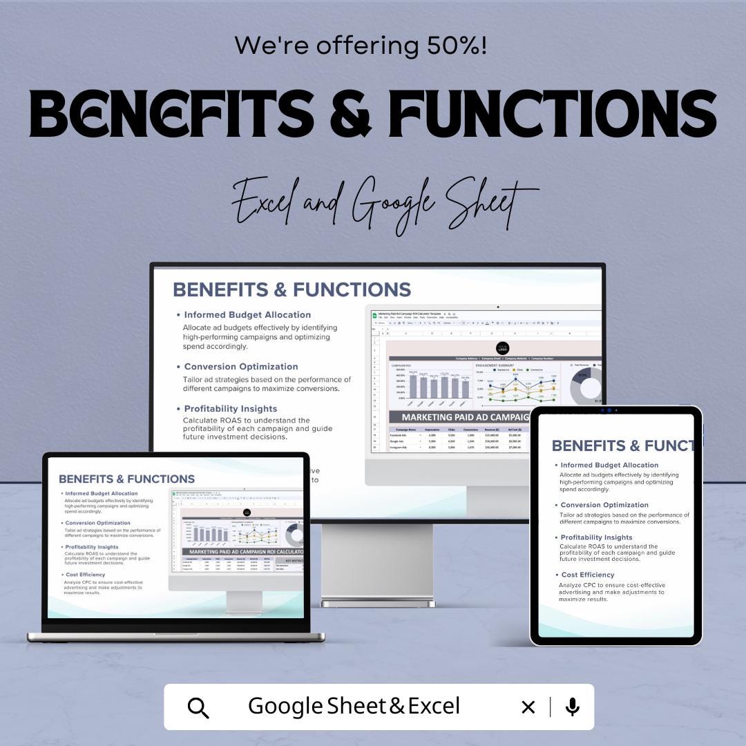 Marketing Paid Ad Campaign ROI Calculator Sheet - Excel & Google Sheet for Ad Performance Analysis