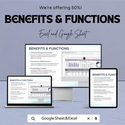 Marketing Paid Ad Campaign ROI Calculator Sheet - Excel & Google Sheet for Ad Performance Analysis