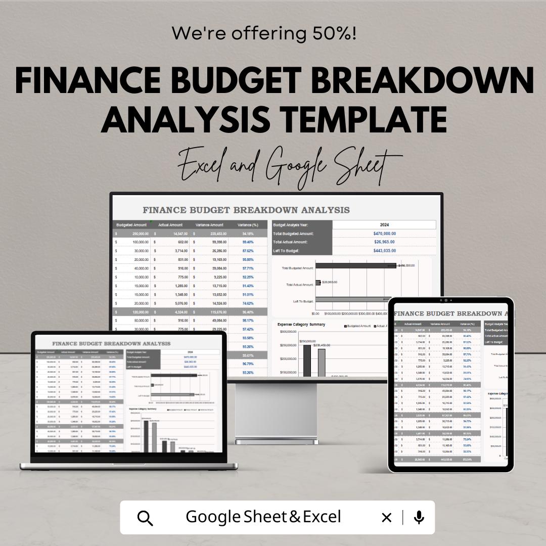 Finance Budget Breakdown Analysis Template | Budget Planner Spreadsheet | Monthly & Yearly Expense Tracker