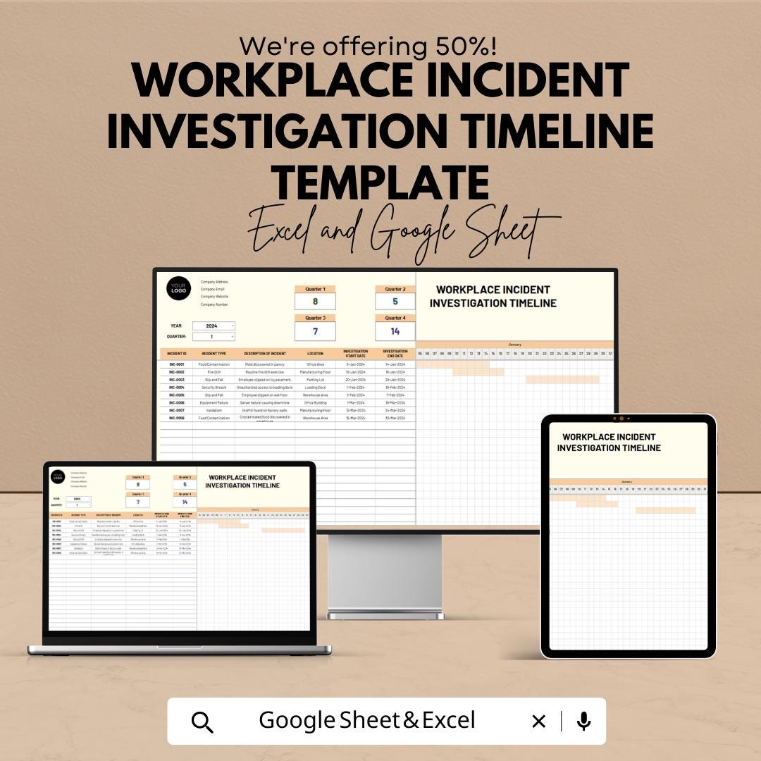 Workplace Incident Investigation Timeline Template | Safety Incident Tracker |  Investigation Log | Incident Report Timeline Sheet