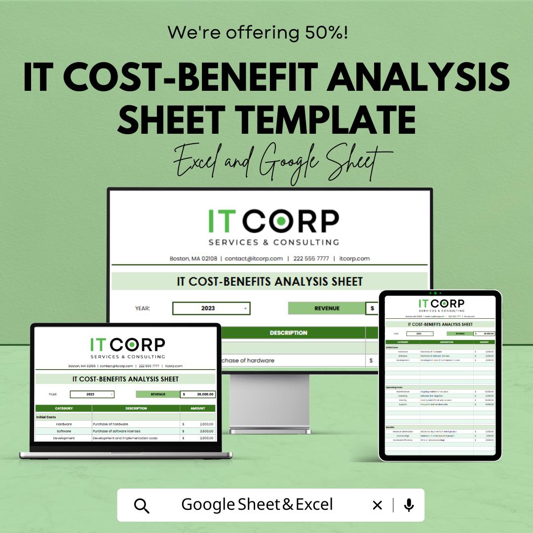 IT Cost Benefit Analysis Template, ROI Calculator, IT Budget Planner, Cost Analysis Spreadsheet, Financial Planning Tool