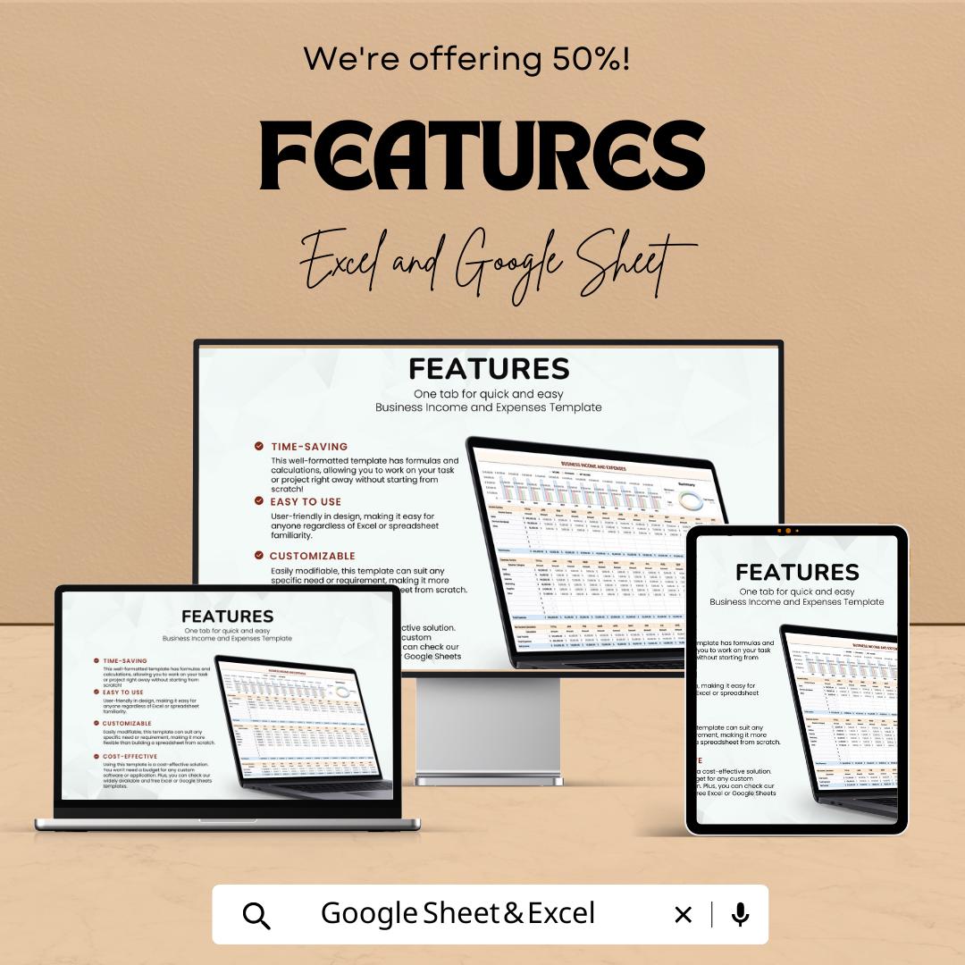Business Income and Expenses Template,  Monthly Expense Tracker, Small Business Finance Spreadsheet, Profit and Loss Sheet