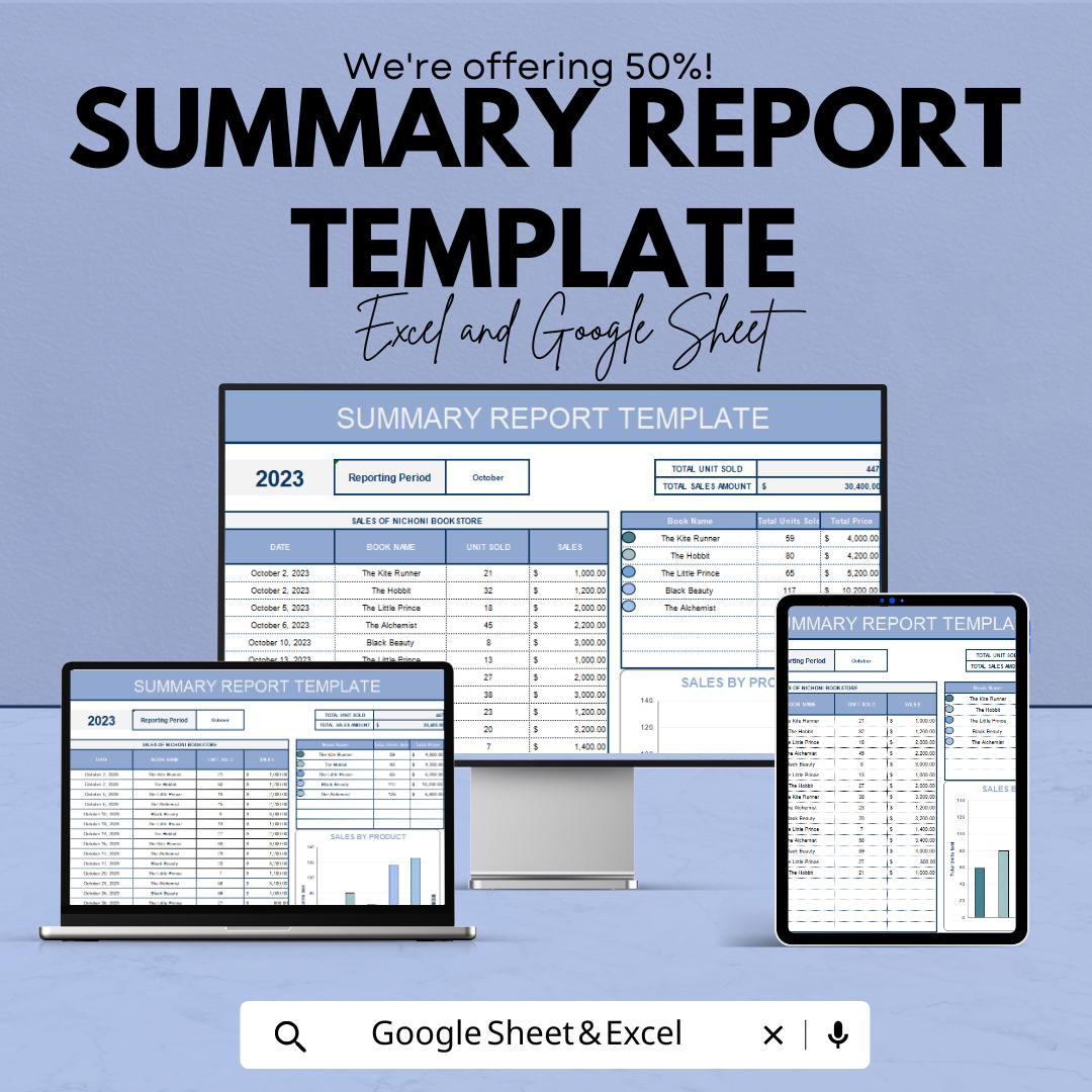 Summary Report Template | Business Summary Sheet | Sales Report Dashboard | Monthly Performance Tracker | Editable Report Spreadsheet