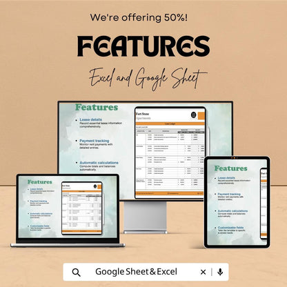 Lease Ledger Template Excel Google Sheets | Rent Payment Tracker | Lease Management Spreadsheet | Rental Ledger Template | Property Manageme