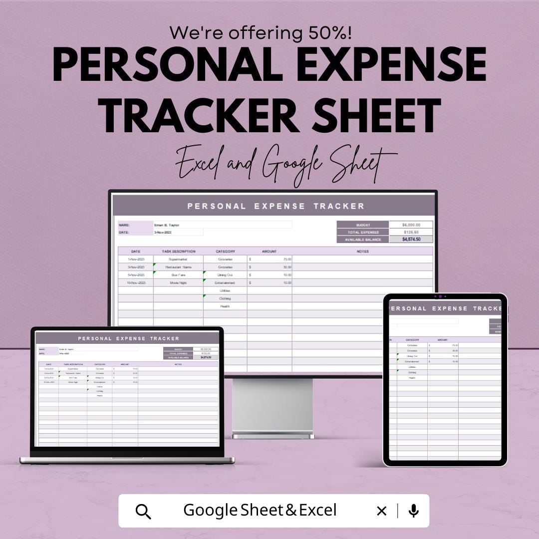 Personal Expense Tracker Sheet - Excel & Google Sheets Template for Budgeting and Financial Planning