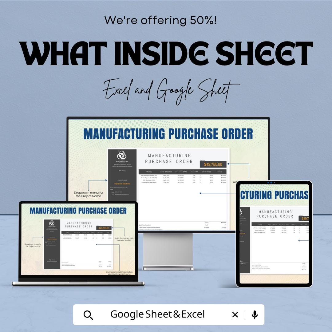 Manufacturing Purchase Order Template | Purchase Order Spreadsheet | PO Template for Suppliers | Order Tracking Sheet