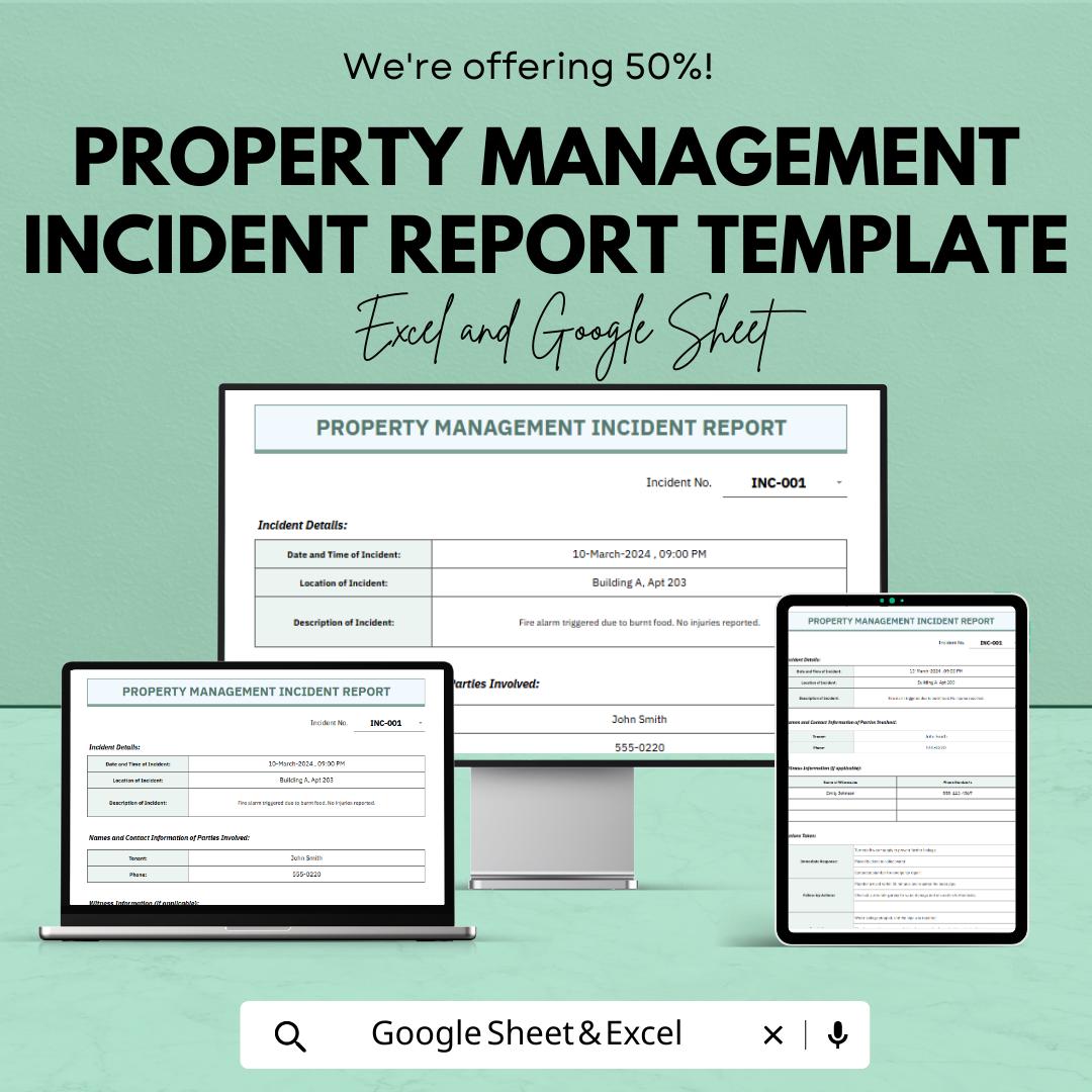 Property Management Incident Report Template, Rental Incident Report, Tenant Incident Log, Excel & Google Sheets, Property Manager Form