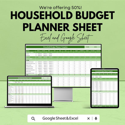 Household Budget Planner Sheet | Google Sheet | Financial Tracker for Budgeting, Expense & Savings Management | Family Budget Template