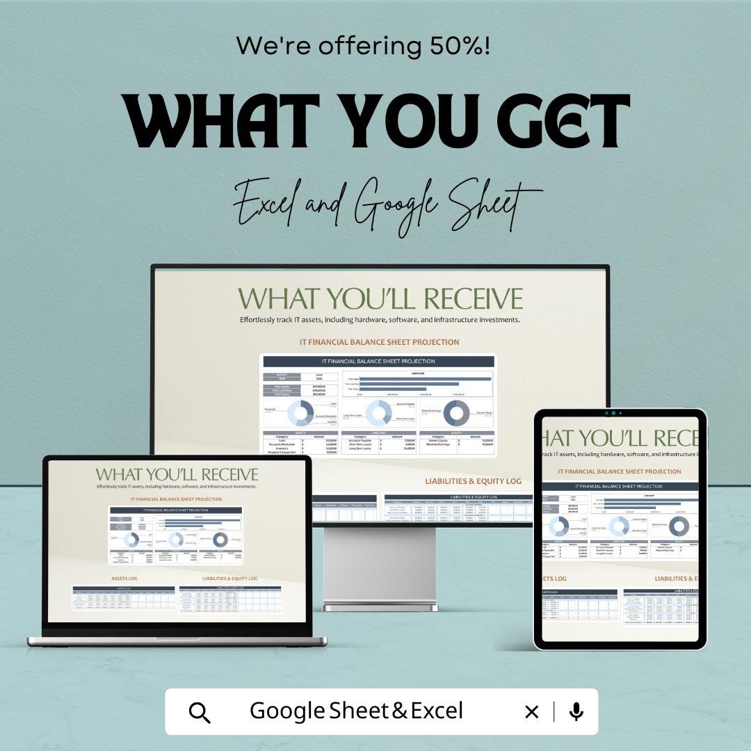 IT Financial Balance Sheet Projection Template | Google Sheet and Excel | Financial Planning & Projection Tool for IT Businesses |