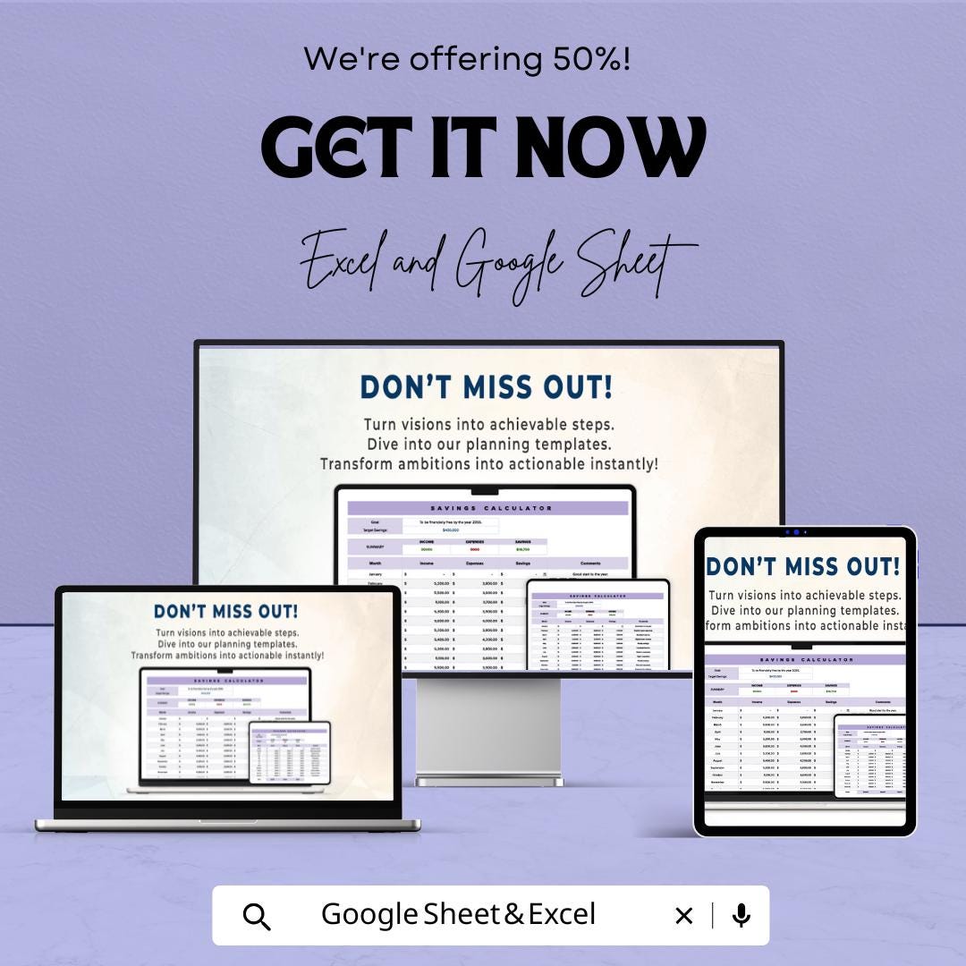 Saving Calculator Sheet | Excel & Google Sheets | Budget and Savings Tracker | Financial Planning Template
