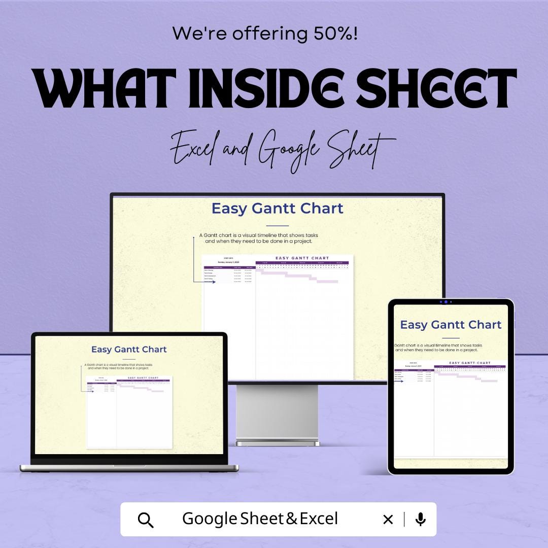 Easy Gantt Chart Sheet for Excel & Google Sheets | Simple Project Timeline Template | Task Management | Instant Download