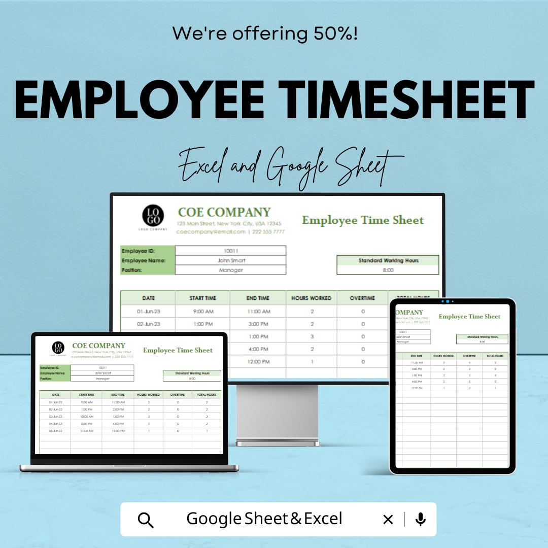 Employee Timesheet Template | Excel & Google Sheets | Time Tracker for Work Hours | Overtime Calculator | Instant Download