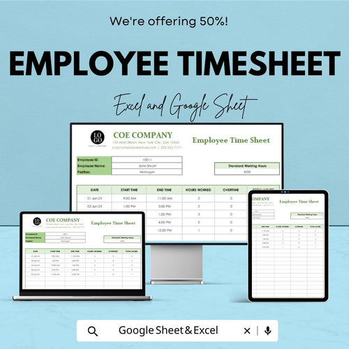 Employee Timesheet Template | Excel & Google Sheets | Time Tracker for Work Hours | Overtime Calculator | Instant Download