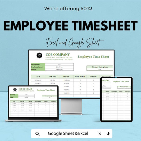 Employee Timesheet Template | Excel & Google Sheets | Time Tracker for Work Hours | Overtime Calculator | Instant Download