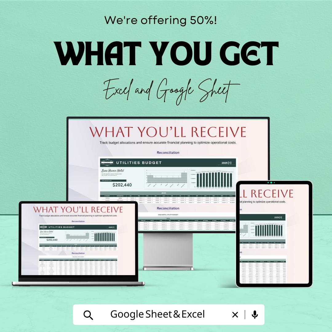 Hotel Utilities Budget Sheet - Excel and Google Sheet - 2025 Financial Planning for Hotels - Track Utilities & Operational Costs |