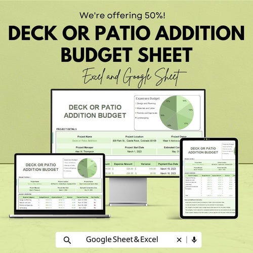 Deck or Patio Addition Budget Sheet - Excel & Google Sheets Template for Project Cost Planning