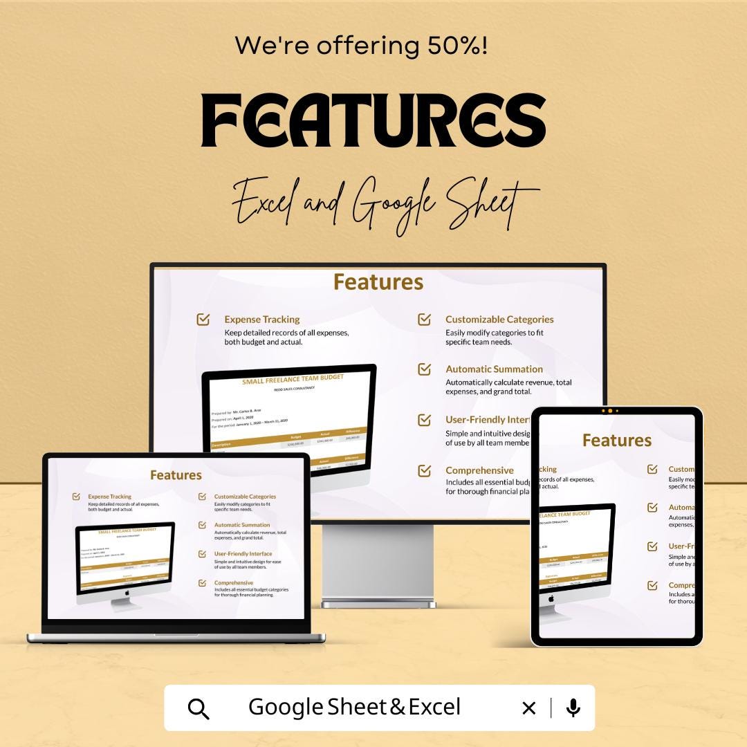 Small Freelance Team Budget Sheet - Excel and Google Sheets Template | Track Expenses & Finances for Your Team | 50% Off