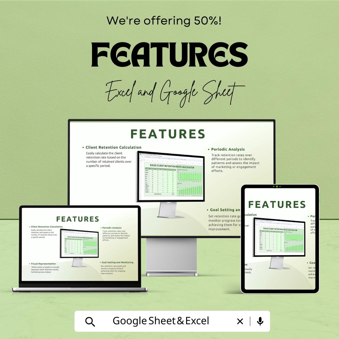 Sales Client Retention Rate Calculator Template | Customer Retention Tracker | Monthly Retention Dashboard | Excel & Google Sheets