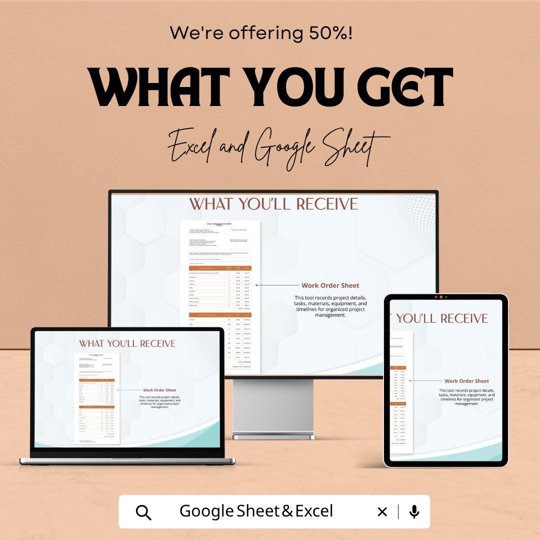 Construction Work Order Template | Contractor Job Sheet | Project Management Tracker | Excel & Google Sheets Work Order |